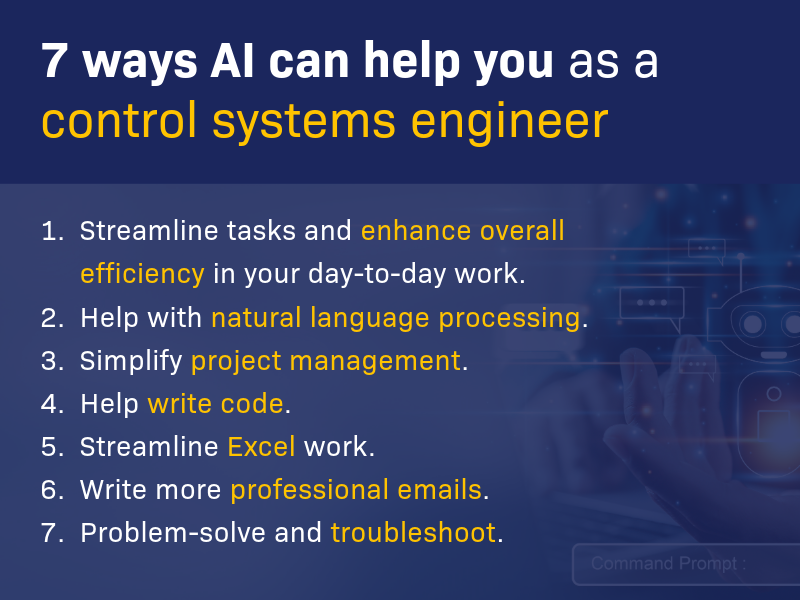 7 AI tips for control systems engineers., on a blue background