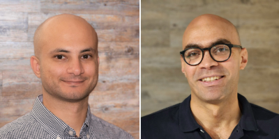 Two profile images of young bald men, the right one with glasses.