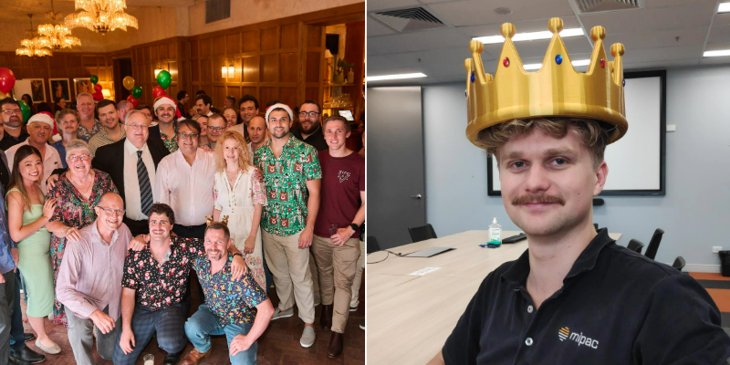 Left photo: group of people posing for a photo in half smart dress, half Christmas dress. Right: Jake, graduate engineer, wearing a 3d-printed gold crown.