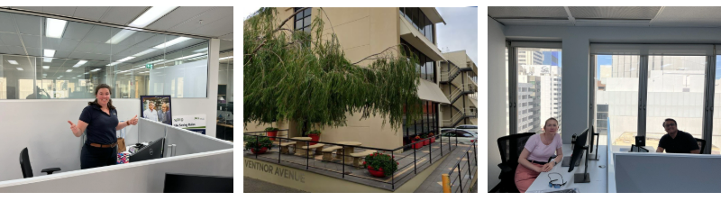 Row of 3 photos showing Mipac's Perth office - then (middle photo) and now (first and third photo).