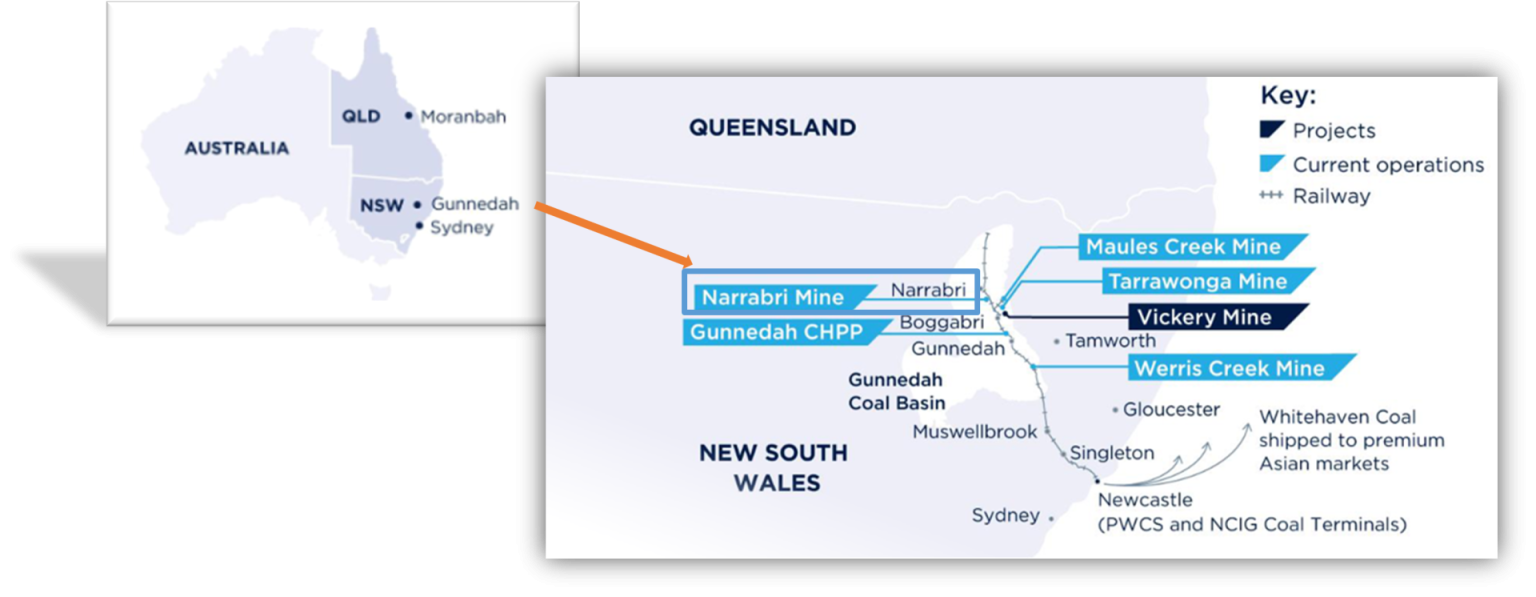 Map showing location of Narrabri Coal in relation to other places in Queensland and Australia