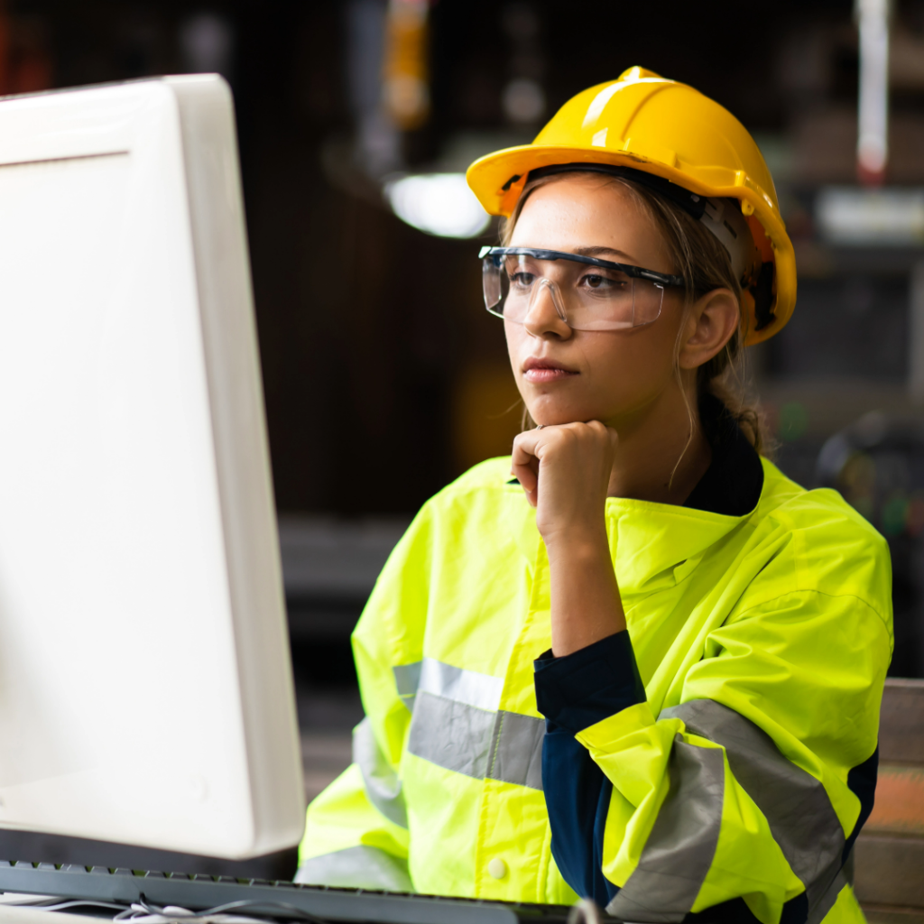 Picture of a female engineer in high vis sitting in front of a desktop computer
