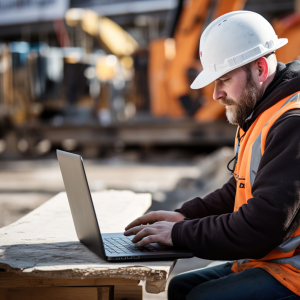 man on site working on laptop