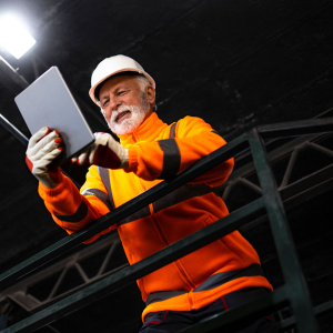 man using tablet on site