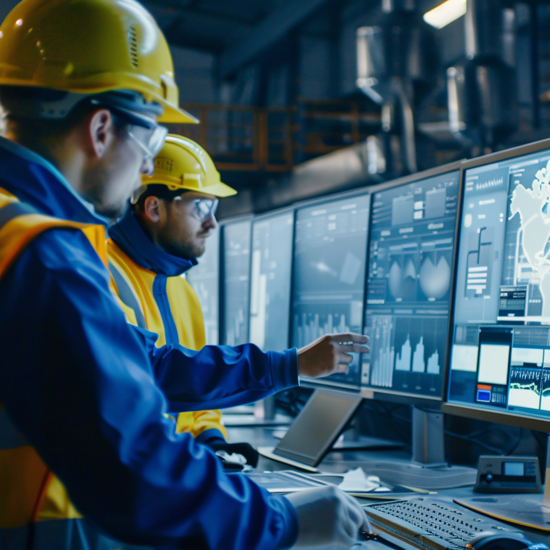 two engineers working on a screen