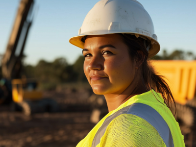 Young female mining engineer looking over her shoulder thoughtfully with nice afternoon light