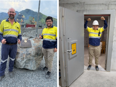 Left photo: Two men standing either side of a rock with a Kainantu Mine New Process Plant sign on it. Right photo: A man in high vis and a white safety helmet standing inside a doorway.